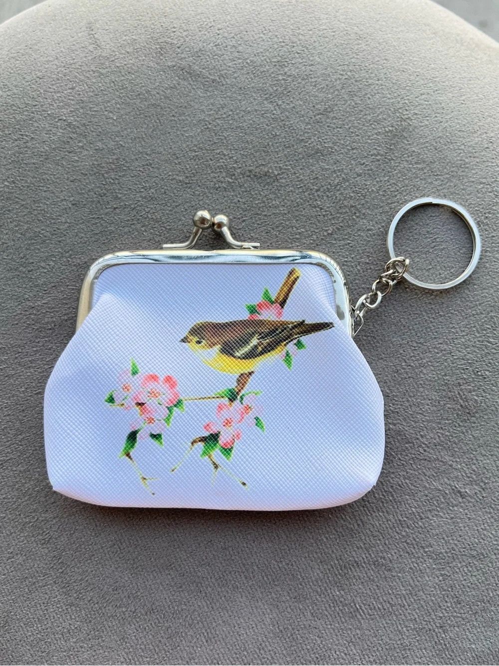 Yellow Bird Floral White Coin Purse Keychain